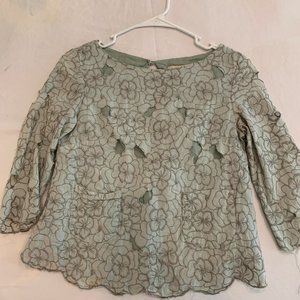 Light Teal Scalloped Textured Top, Quarter Sleeves